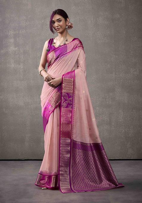 Pink Zari Woven Cotton Saree Set