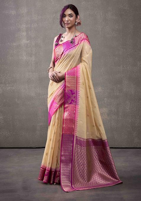 Beige Zari Woven Cotton Saree Set
