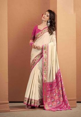 Beige Kalamkari Silk Blend Saree Set