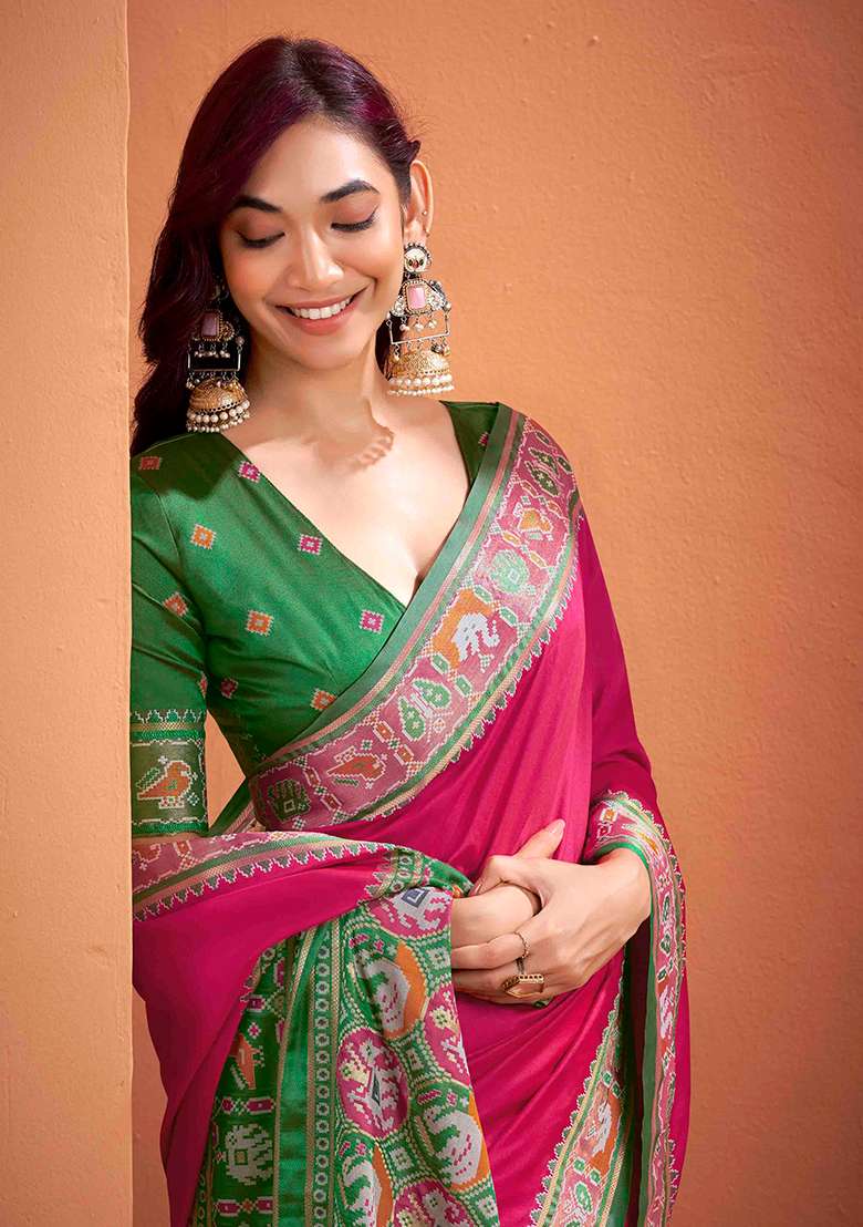 Magenta Kalamkari Silk Blend Saree Set - Indya