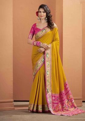 Mustard Kalamkari Silk Blend Saree Set