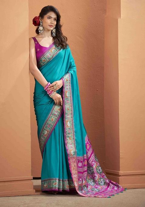 Teal Kalamkari Silk Saree Set