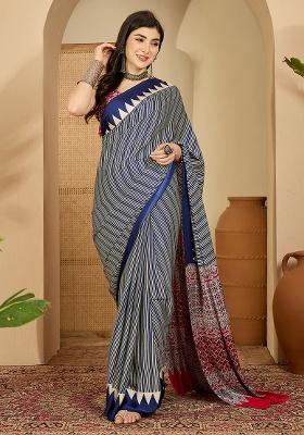 Navy Blue Printed Satin Saree Set