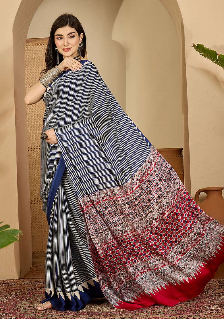 Navy Blue Satin Saree Set with Printed for Diwali | Wedding & Festive Wear - Indya