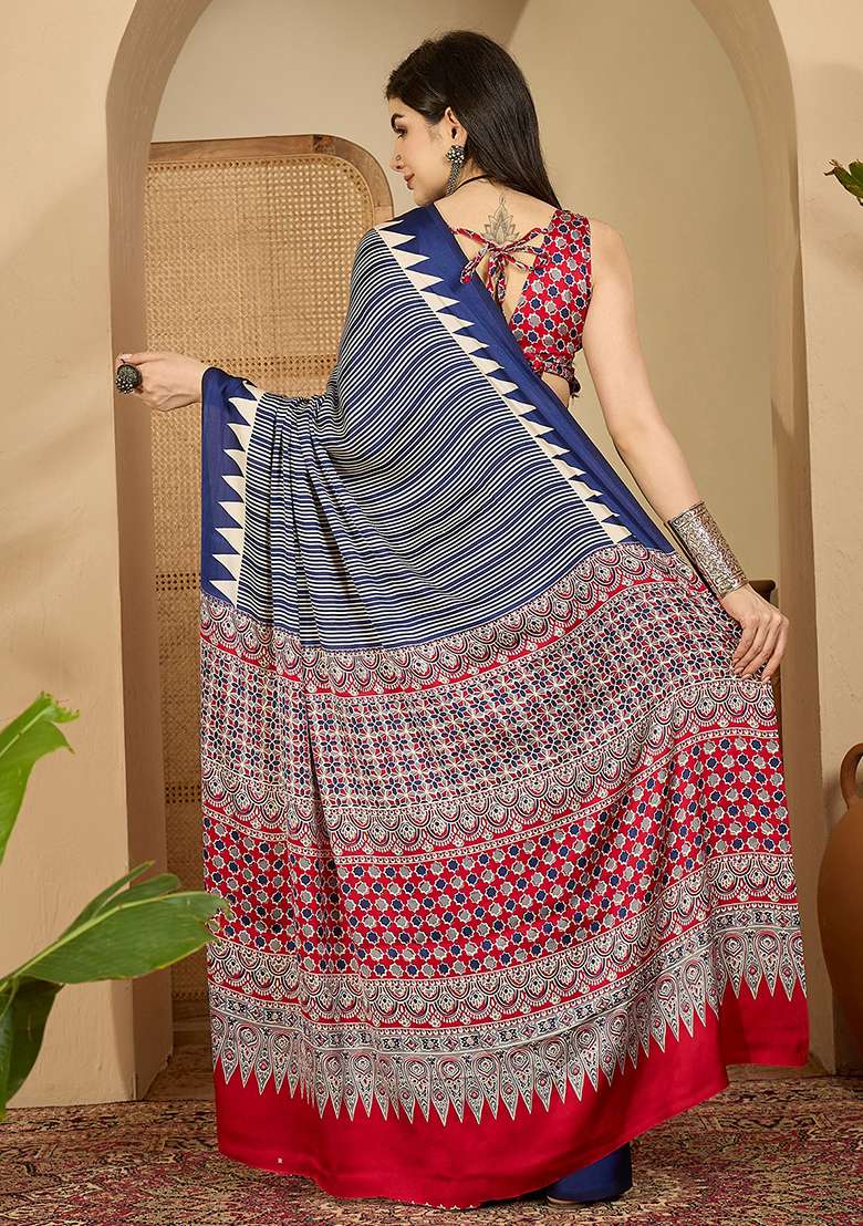 Navy Blue Satin Saree Set with Printed for Diwali | Wedding & Festive Wear - Indya