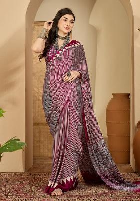 Rani Pink Printed Satin Saree Set