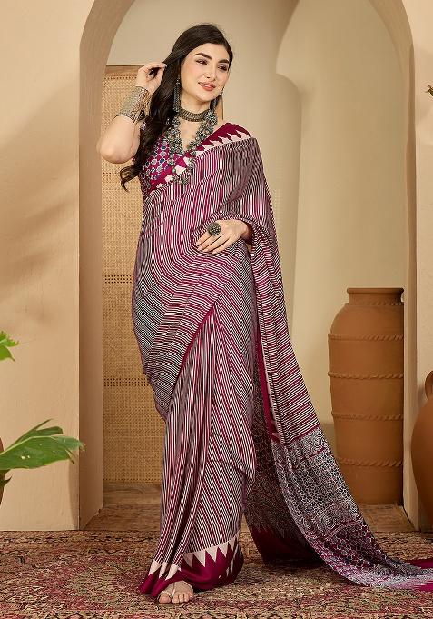 Rani Pink Printed Satin Saree Set