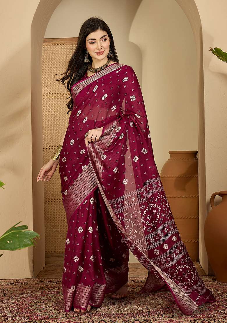 Wine Bandhani Chiffon Saree Set - Indya
