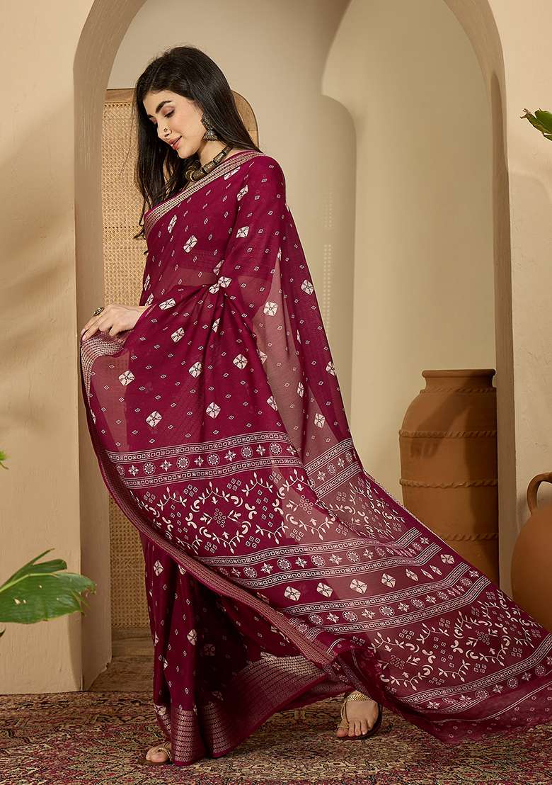 Wine Bandhani Chiffon Saree Set - Indya