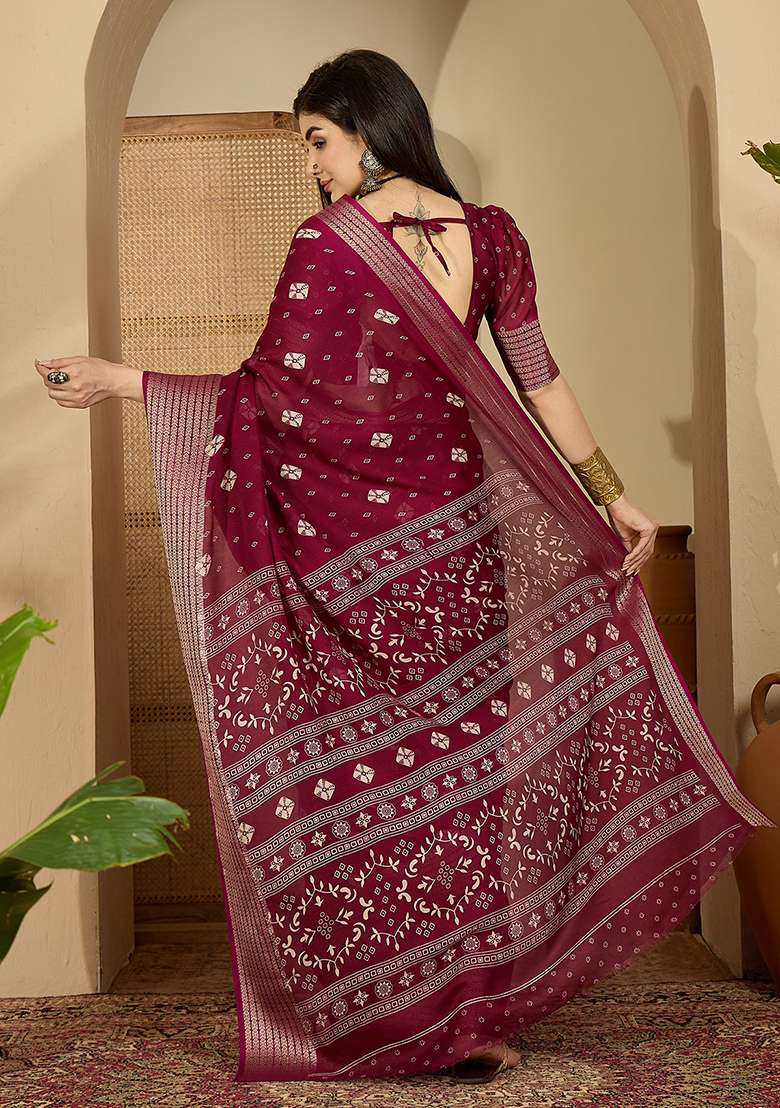 Wine Bandhani Chiffon Saree Set - Indya