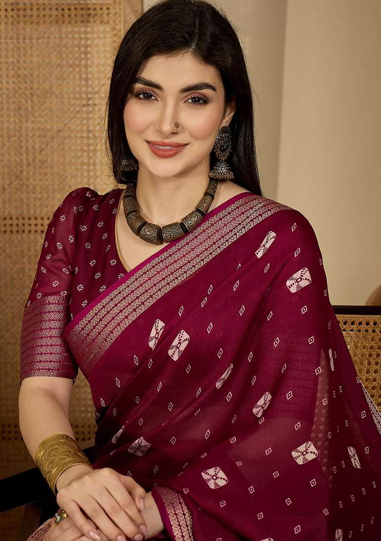 Wine Bandhani Chiffon Saree Set - Indya