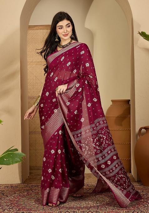 Wine Bandhani Chiffon Saree Set