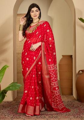 Red Bandhani Chiffon Saree Set