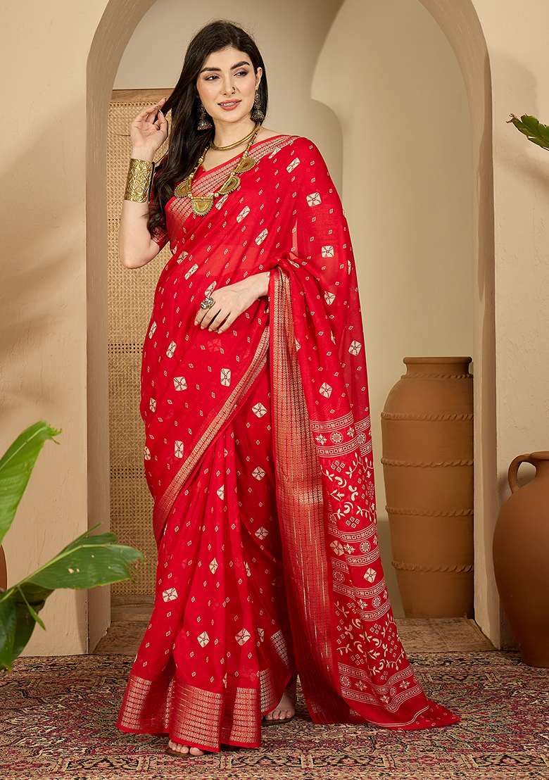 Red Bandhani Chiffon Saree Set - Indya