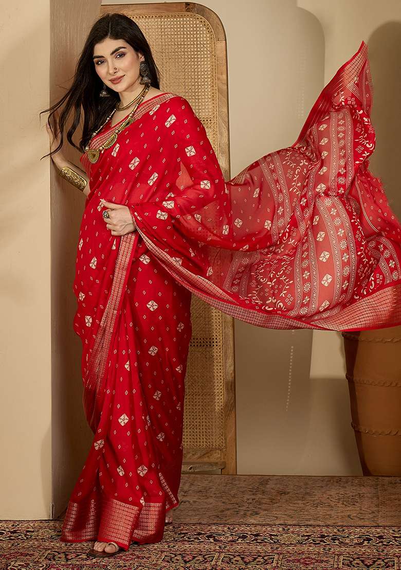 Red Bandhani Chiffon Saree Set - Indya