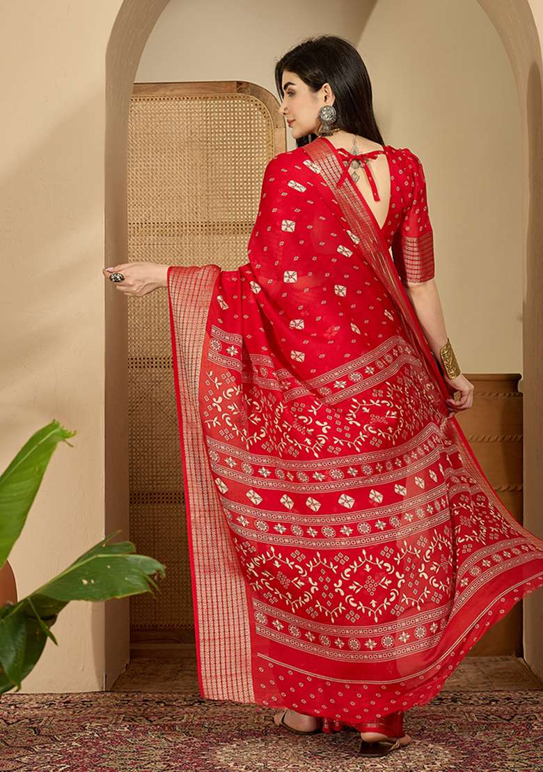 Red Bandhani Chiffon Saree Set - Indya