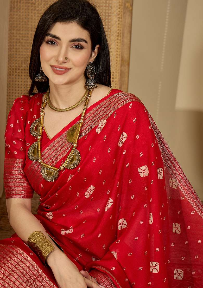 Red Bandhani Chiffon Saree Set - Indya
