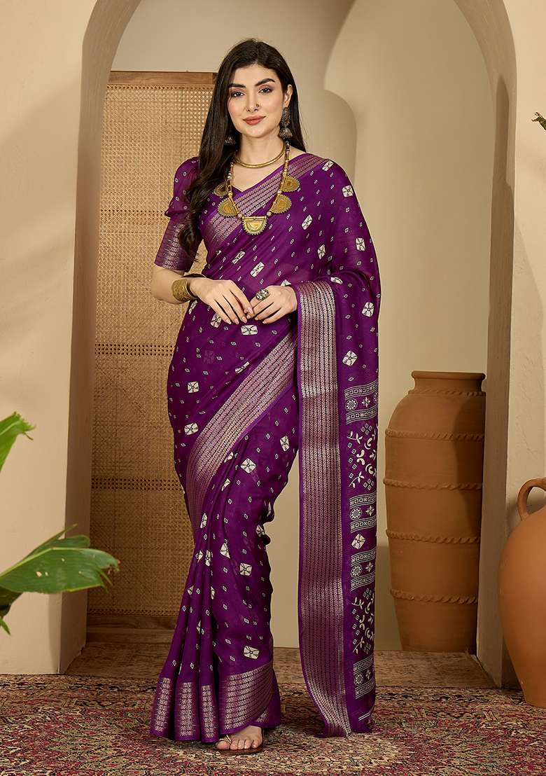 Purple Bandhani Chiffon Saree Set - Indya