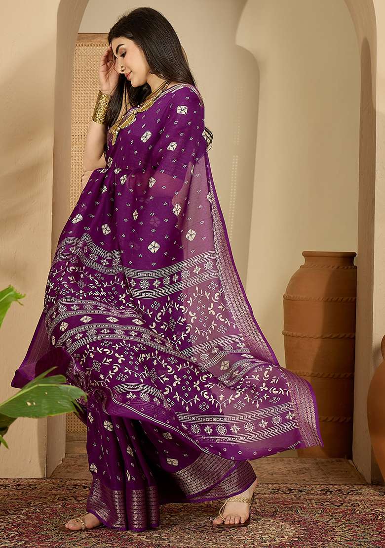 Purple Bandhani Chiffon Saree Set - Indya