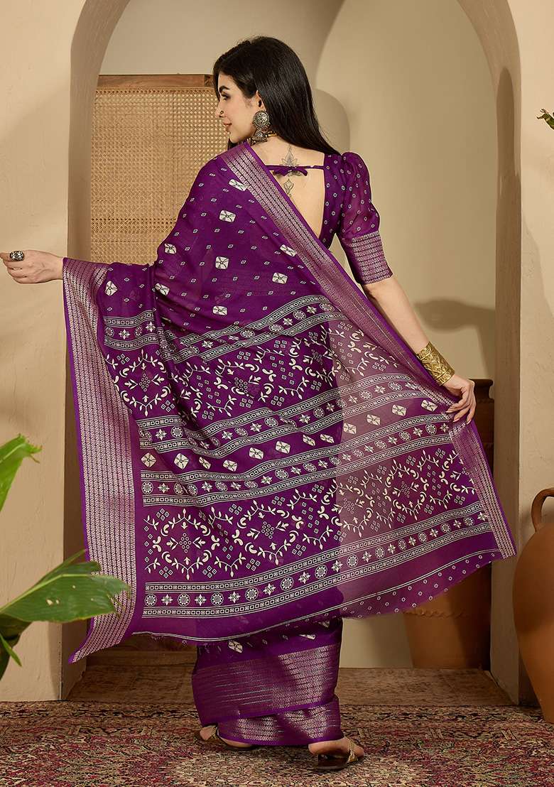 Purple Bandhani Chiffon Saree Set - Indya