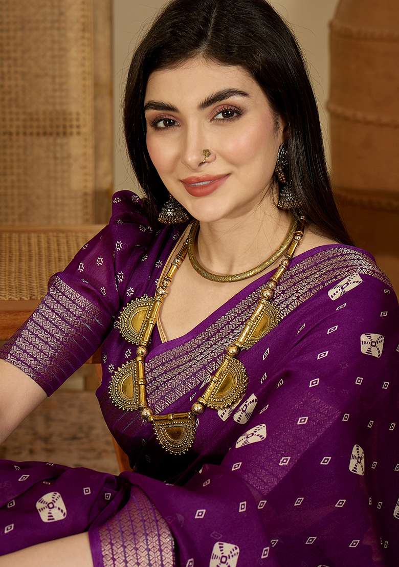 Purple Bandhani Chiffon Saree Set - Indya