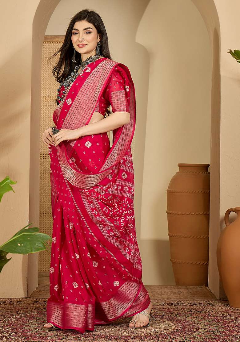 Rani Pink Bandhani Chiffon Saree Set - Indya