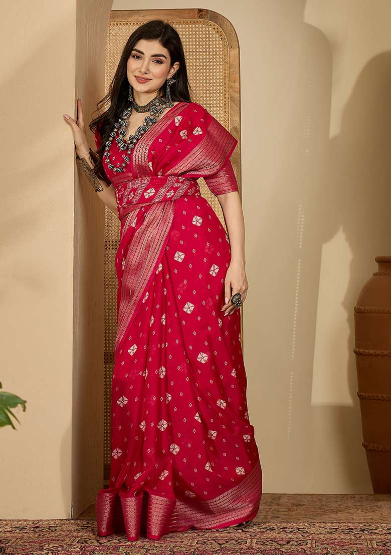 Rani Pink Bandhani Chiffon Saree Set - Indya