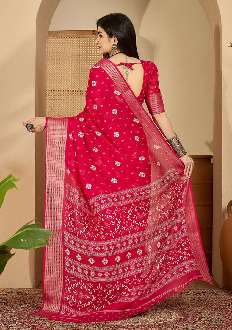 Rani Pink Bandhani Chiffon Saree Set - Indya