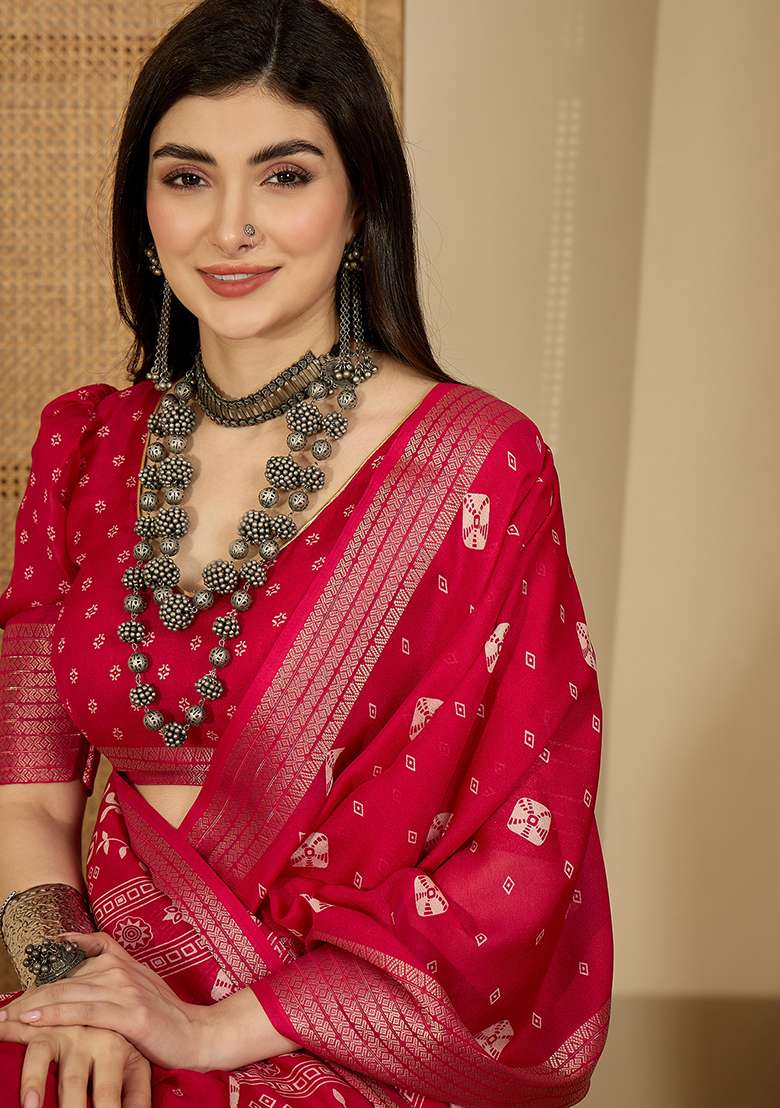 Rani Pink Bandhani Chiffon Saree Set - Indya