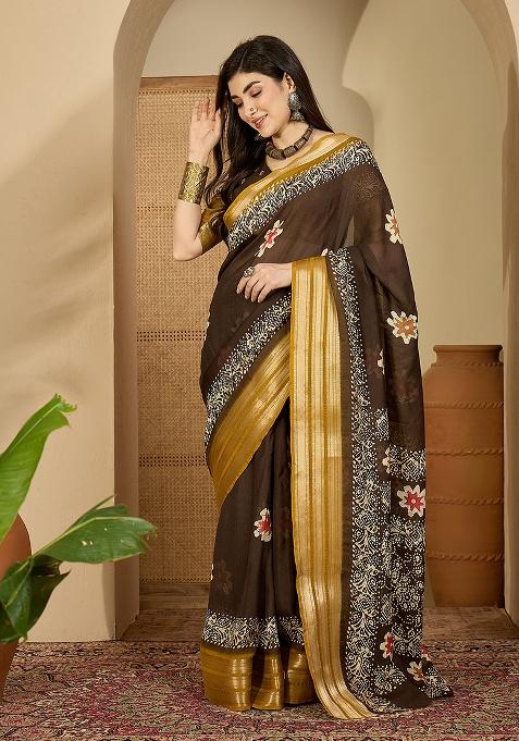 Brown Printed Chiffon Saree Set