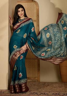 Teal Printed Chiffon Saree Set