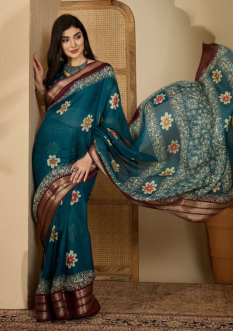 Teal Printed Chiffon Saree Set - Indya
