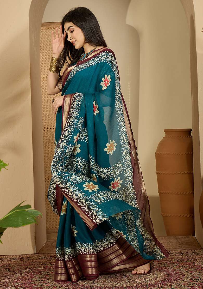 Teal Printed Chiffon Saree Set - Indya