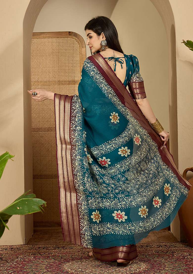 Teal Printed Chiffon Saree Set - Indya