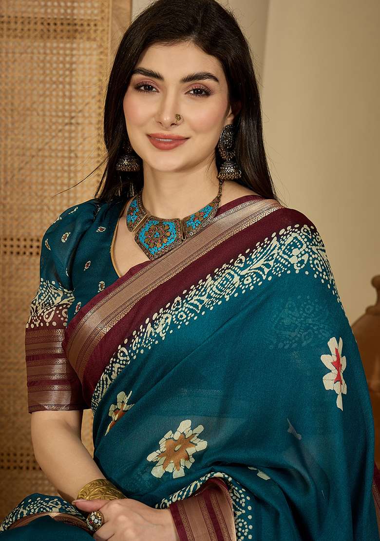 Teal Printed Chiffon Saree Set - Indya