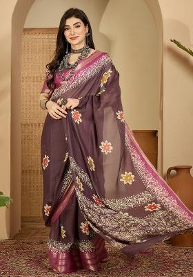 Mauve Printed Chiffon Saree Set