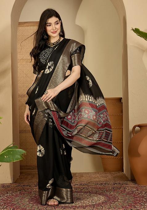 Black Printed Chiffon Saree Set