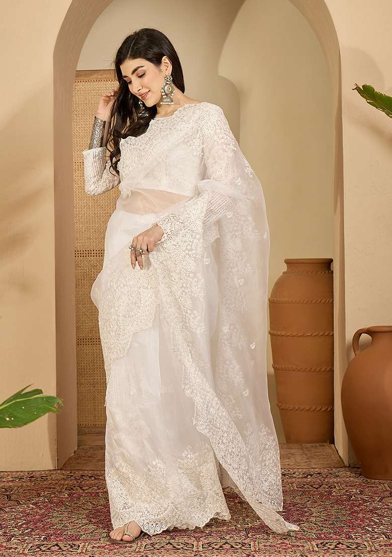 White Embroidery Organza Saree Set - Indya