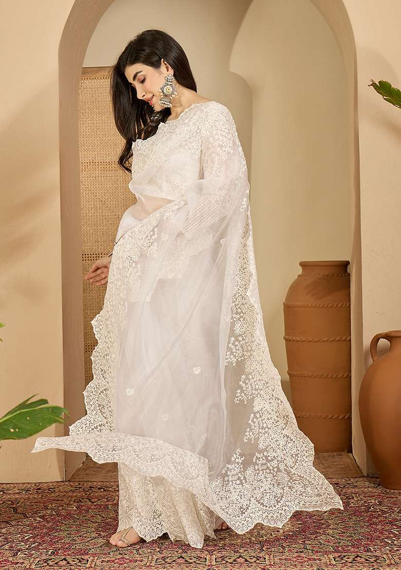 White Embroidery Organza Saree Set - Indya
