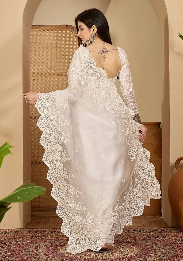White Embroidery Organza Saree Set - Indya