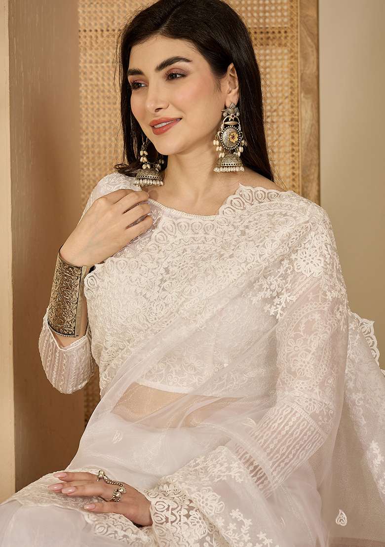 White Embroidery Organza Saree Set - Indya