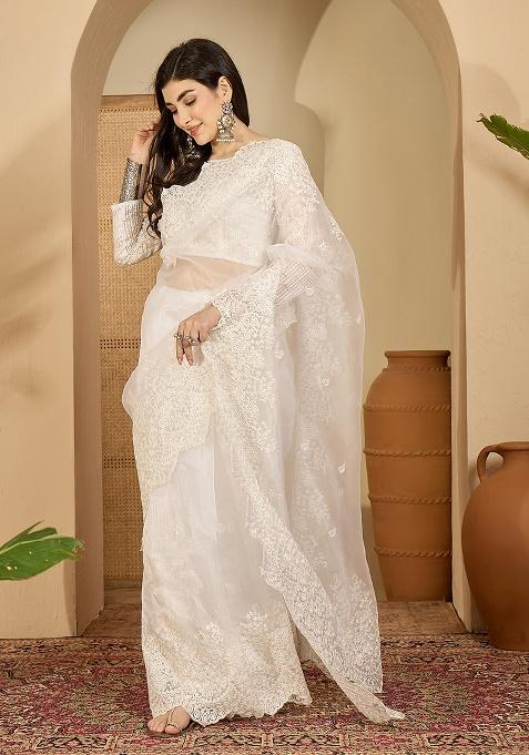 White Embroidery Organza Saree Set