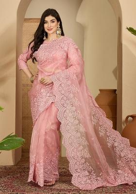 Pink Embroidery Organza Saree Set