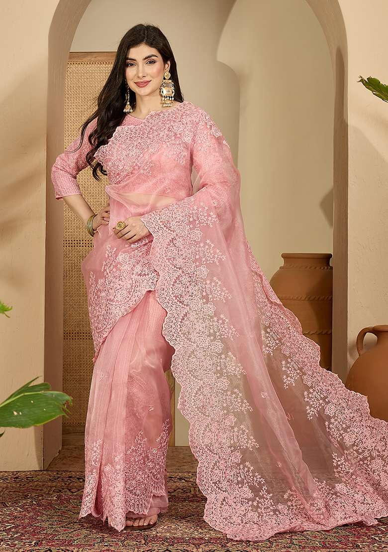 Pink Embroidery Organza Saree Set - Indya
