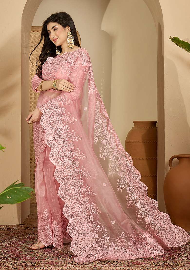 Pink Embroidery Organza Saree Set - Indya