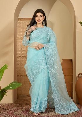 Blue Embroidery Organza Saree Set