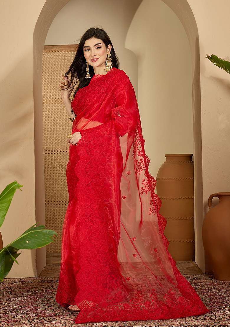 Red Embroidery Organza Saree Set - Indya