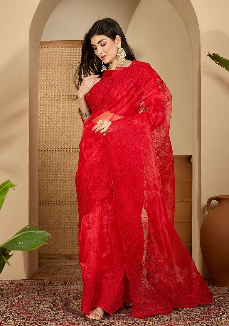 Red Embroidery Organza Saree Set - Indya
