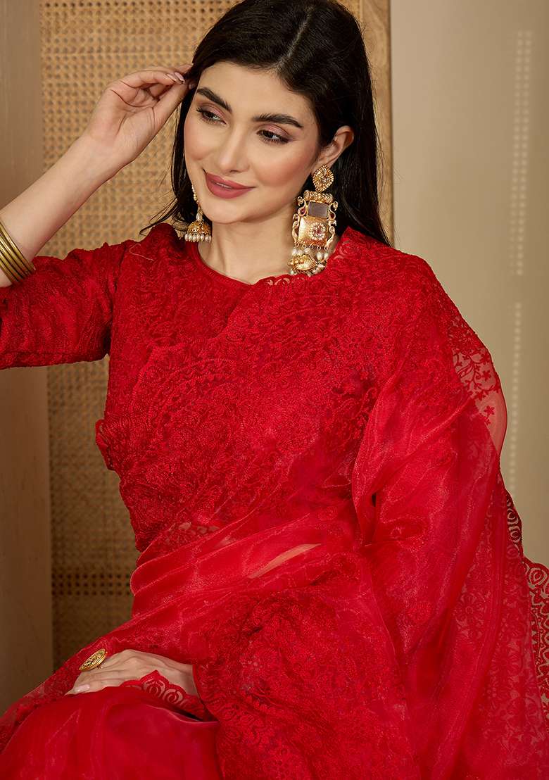 Red Embroidery Organza Saree Set - Indya