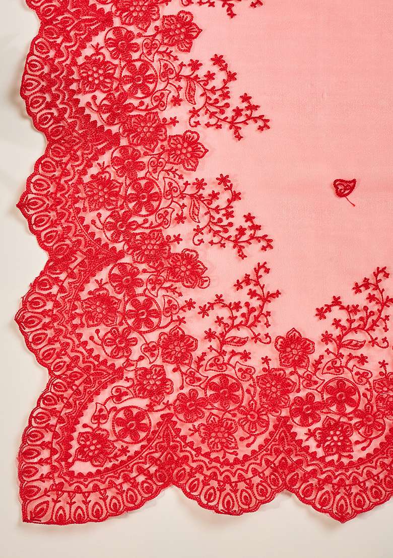 Red Embroidery Organza Saree Set - Indya